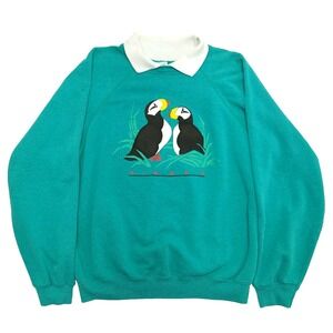 Vintage‎ Hanes Womens XL Sweatshirt Teal Green Puffin Alaska Collared Pullover